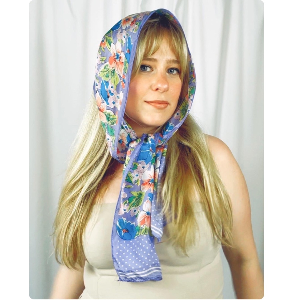 Vintage Silk Pink Blue + Purple Honey Floral Dotted Long Rectangle Neck Scarf